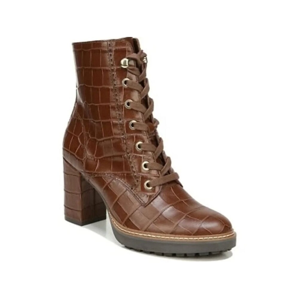 Naturalizer Boots Womens 8.5 Brown Leather Croc Embossed Granny Lace Up Heeled